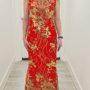 Chinese QiPao Floor Length Dress Sequin Red & Gold